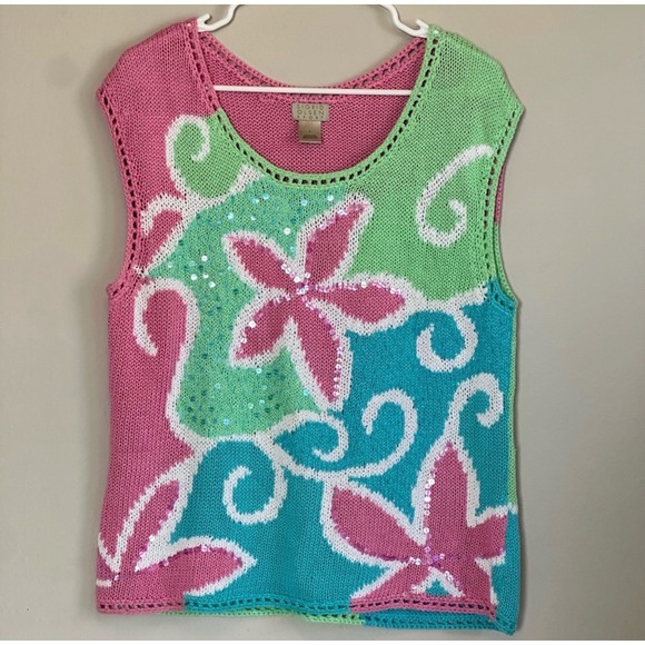 Sigrid Olsen Sweaters - Vintage Sigrid Olsen Y2K Linen Blend Knit Sleeveless Top L Floral Sequin Coastal